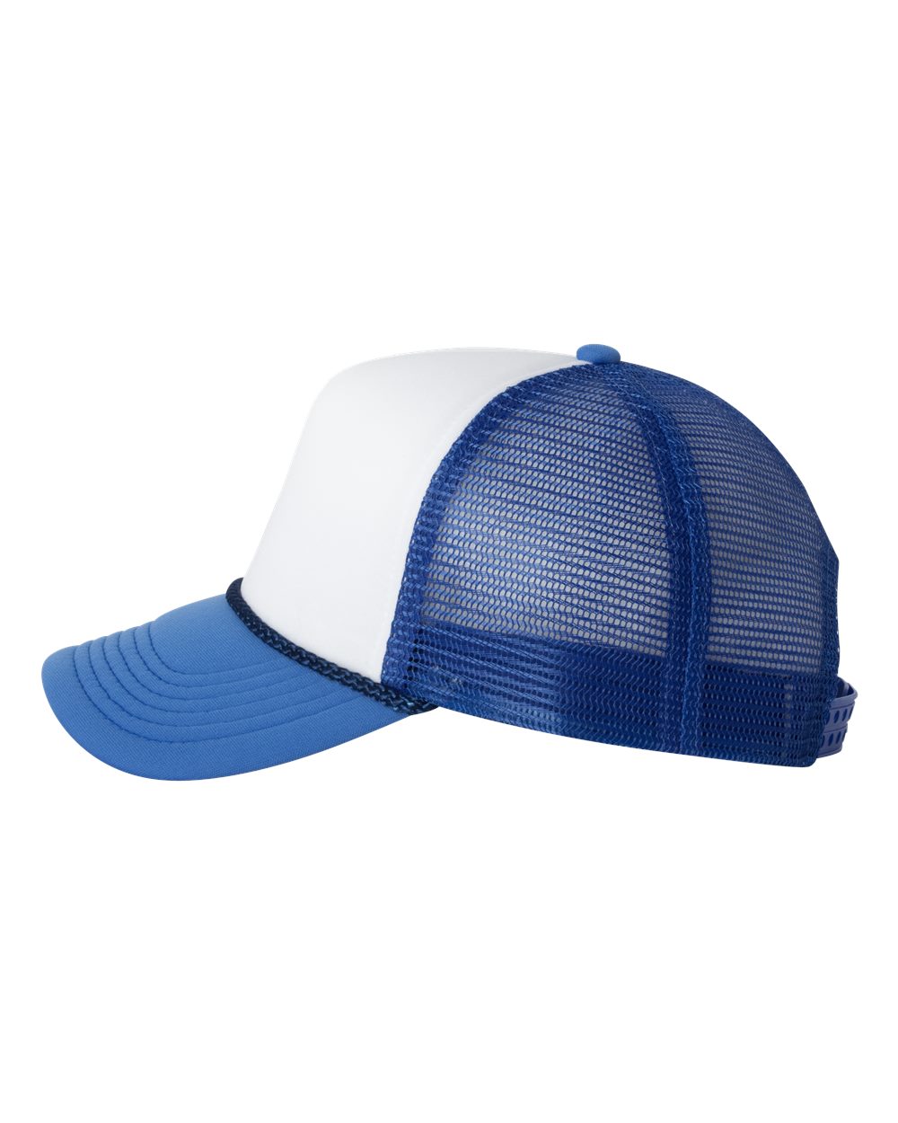 White and Royal Color Mesh-Back Trucker Cap Side View