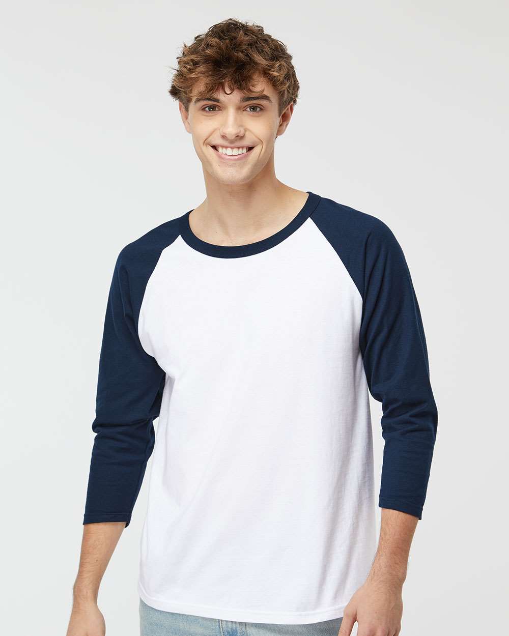 M&O Raglan Three-Quarter Sleeve Baseball T-Shirt 5540 #colormdl_White/ Navy