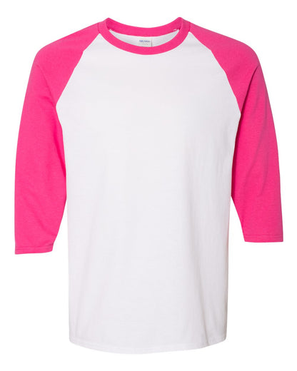 Gildan Heavy Cotton™ Raglan Three-Quarter Sleeve T-Shirt 5700 #color_White/ Heliconia