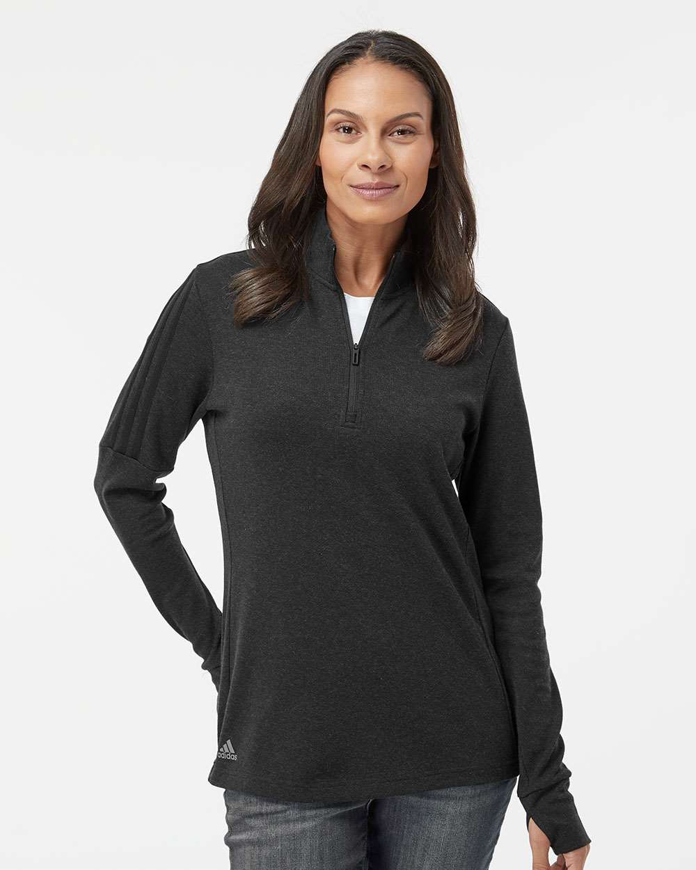 Adidas A555 Women's 3-Stripes Quarter-Zip Sweater #colormdl_Black Melange