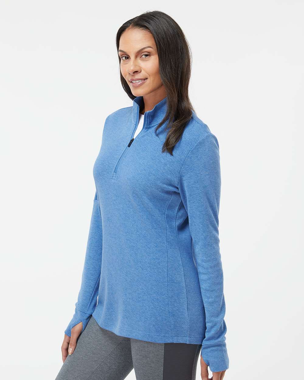 Adidas A555 Women's 3-Stripes Quarter-Zip Sweater #colormdl_Focus Blue Melange