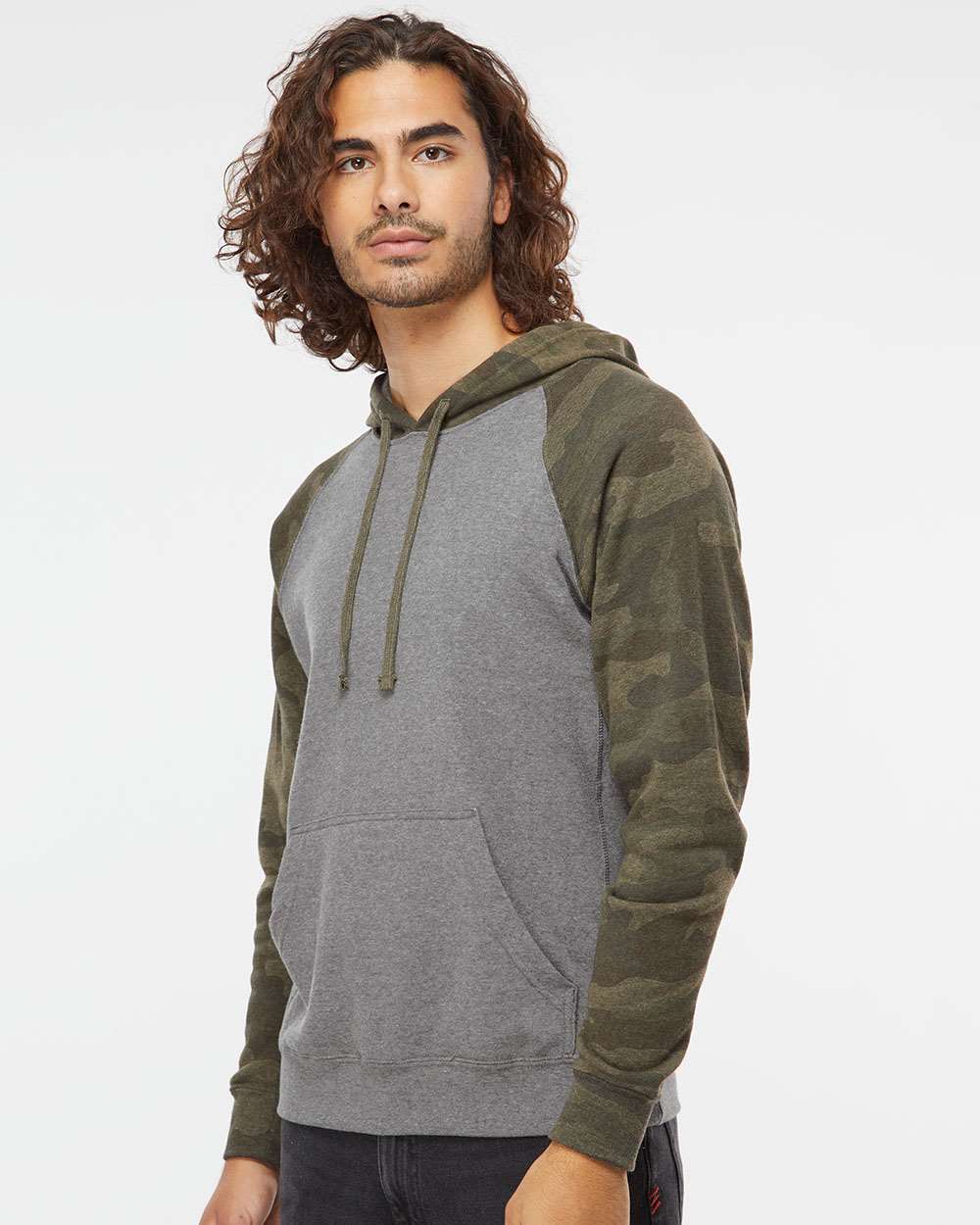 Independent Trading Co. Unisex Special Blend Raglan Hooded Sweatshirt PRM33SBP #colormdl_Nickel Heather/ Forest Camo