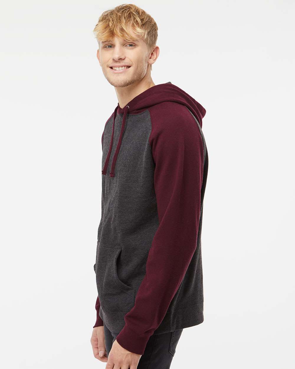 Independent Trading Co. Raglan Hooded Sweatshirt IND40RP #colormdl_Charcoal Heather/ Burgundy Heather