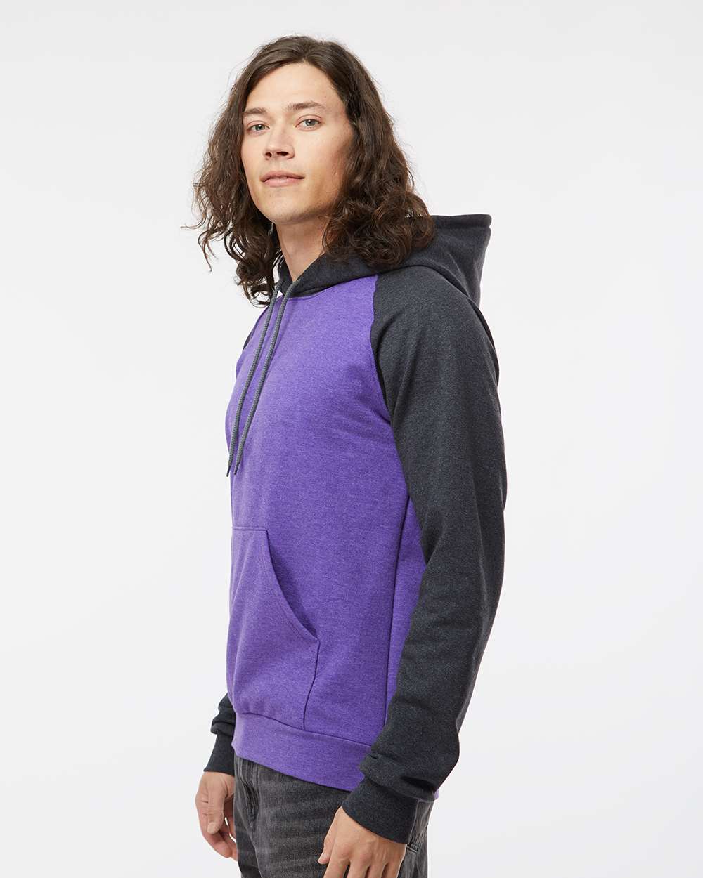 King Fashion Fleece Raglan Hooded Sweatshirt KF4042 #colormdl_Heather Purple/ Dark Charcoal